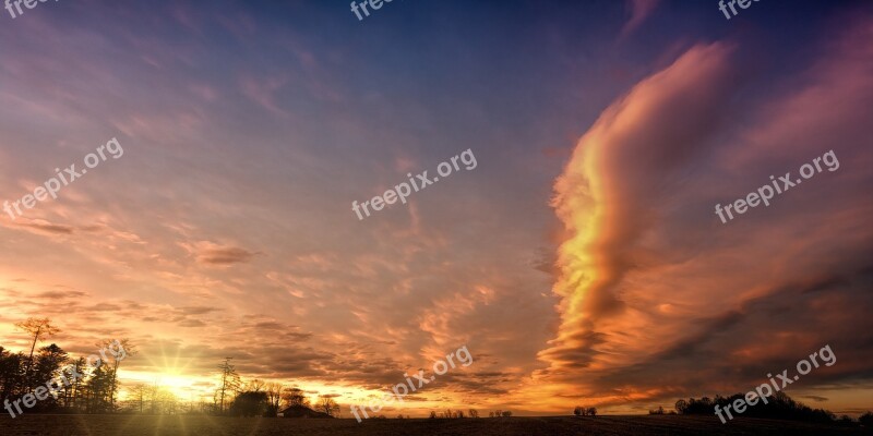 Sunset Panorama Sky Field Clouds