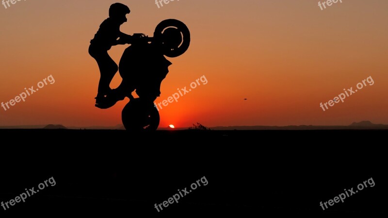 Sunset Motorcycle Acrobatics Silhouette Nature