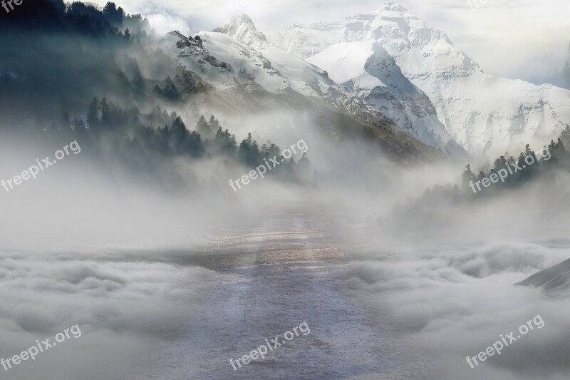 Landscape Mountains Fog Clouds Snow