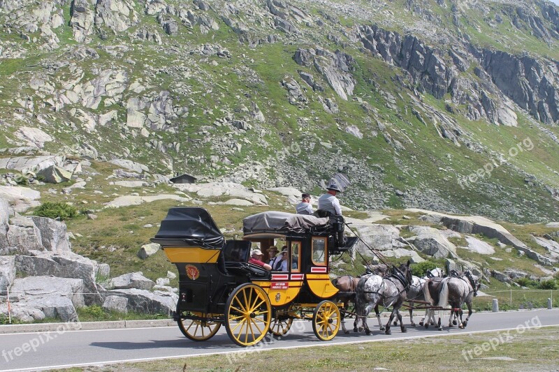 Gotthard Pass Mountains Coach Horses Switzerland