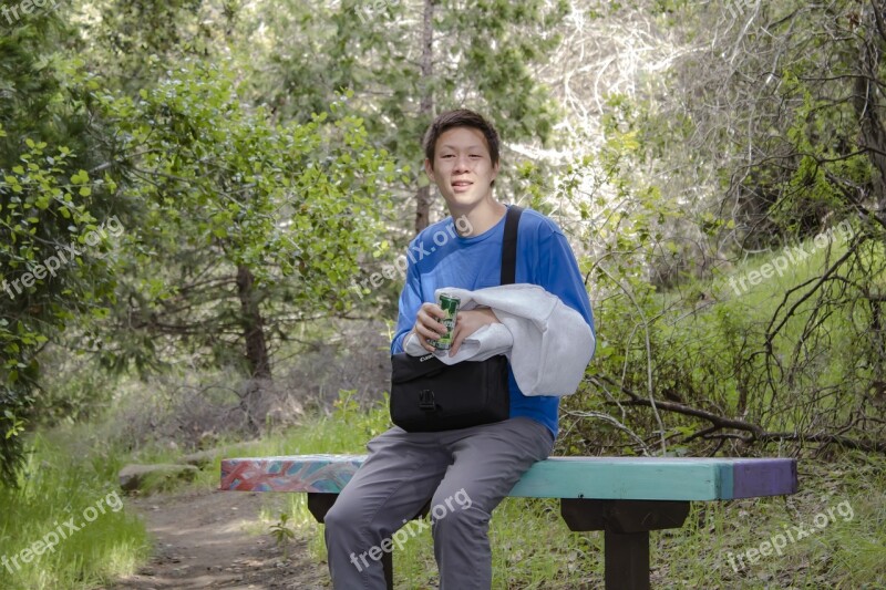 Boy Man Perrier Resting Hiking