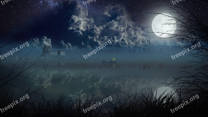 Landscape Fishermen Night Lake Moon