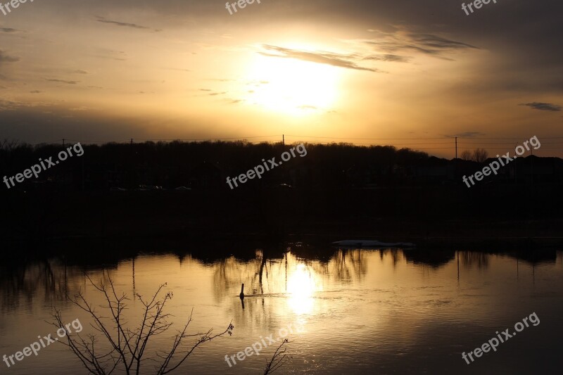 Sunset Sun River Reflection Landscape