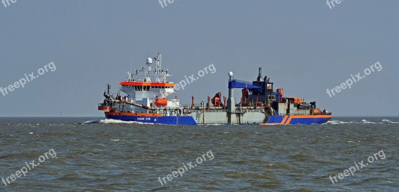 Mouth Of The Elbe River North Sea Working Ship Dredger Deepening Of The Elbe River