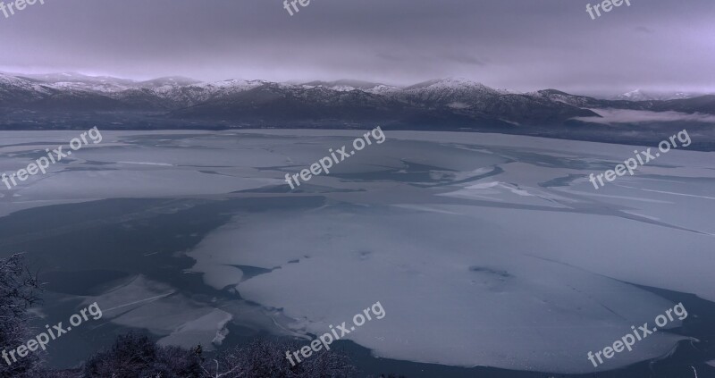 Lake Frozen Kastoria Greece Winter