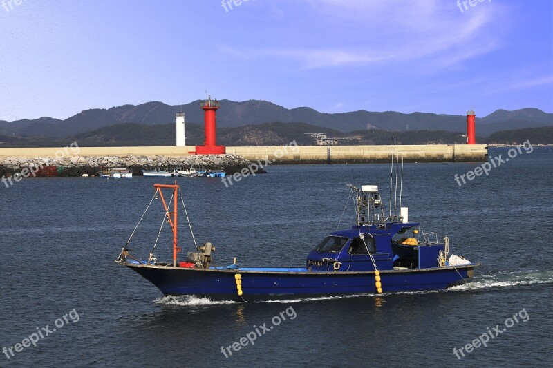 Lighthouse Fishing Boats Sea Beach Blue