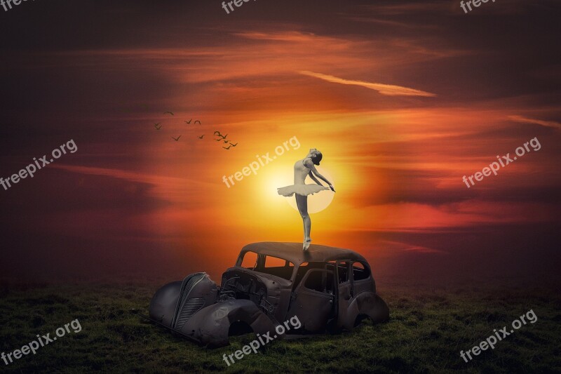 Manipulation Ballerina Landscape Countryside Auto