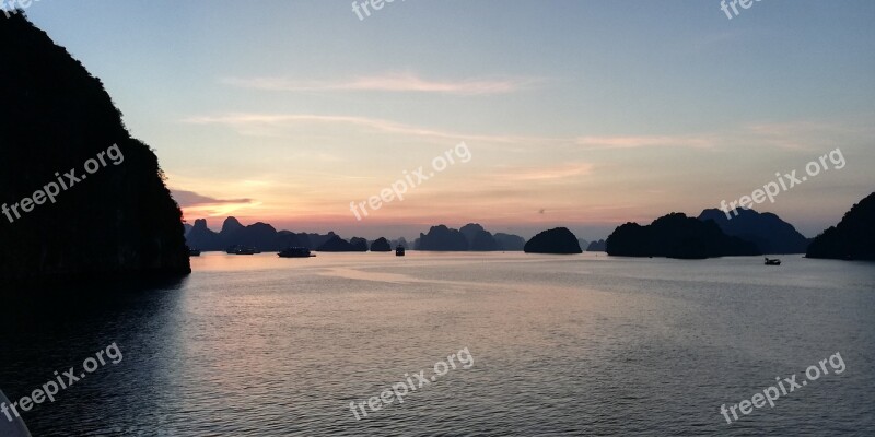 Vietnam Ha Long Bay Sunset Asia Sea