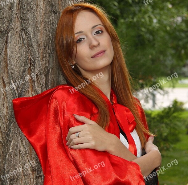 Girl Red Cloak Hands Long Hair Faces