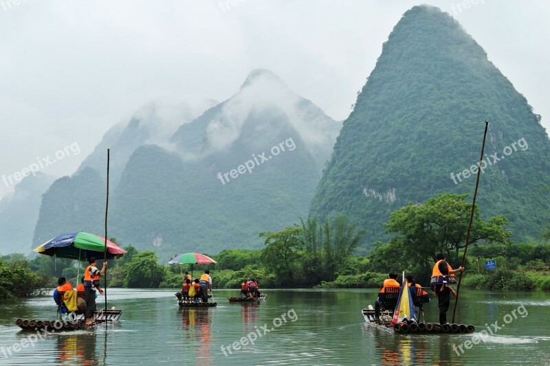 River Mountains Clouds Haze Rafts