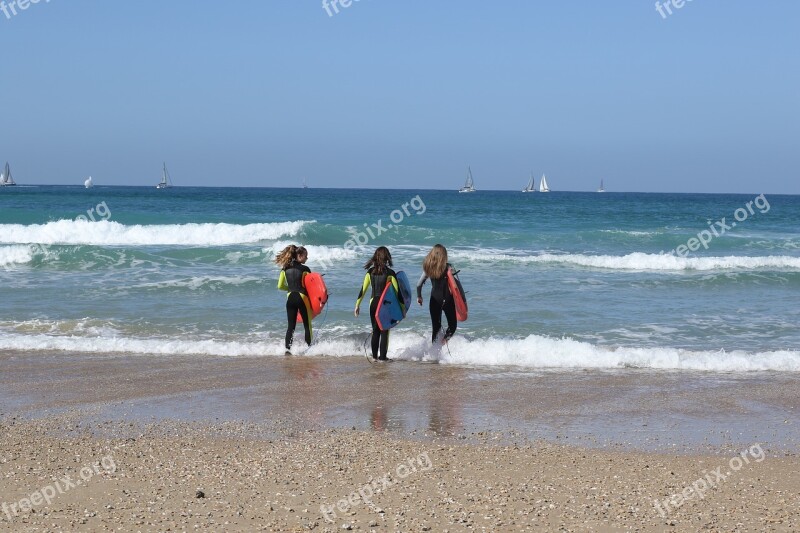 Girls Sea Surfing Surfer Beach