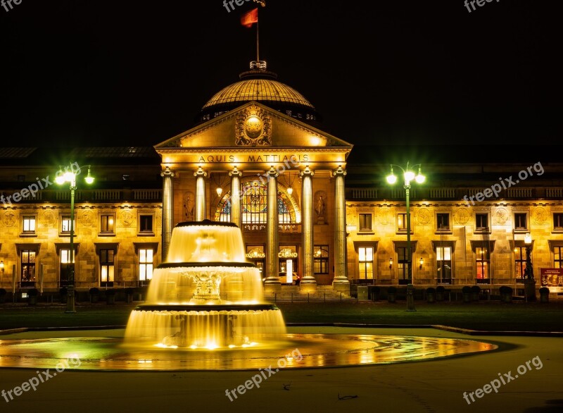 Wiesbaden Kurhaus Fountain Night Free Photos