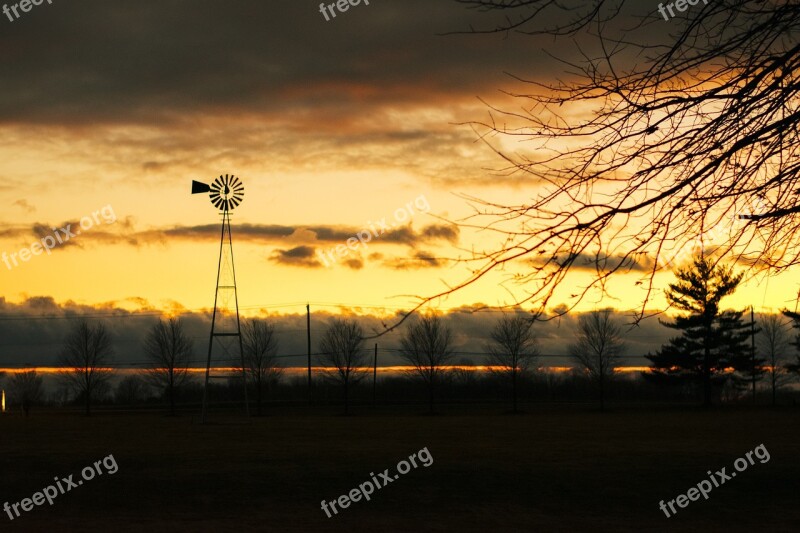 Sunset New Jersey Windmill Trees Sky