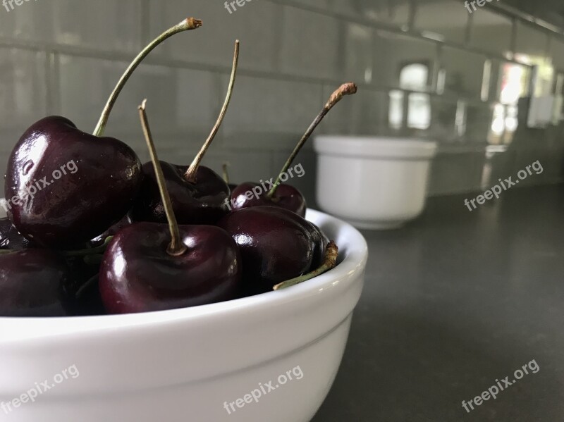 Cherries Gray Tiles White Bowl Fruit Produce