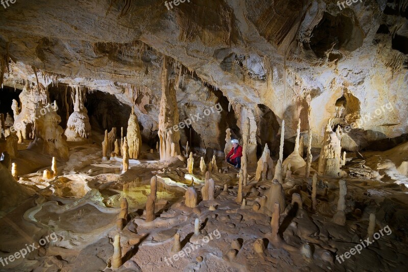 Potholing Room Stalactites Columns Cave