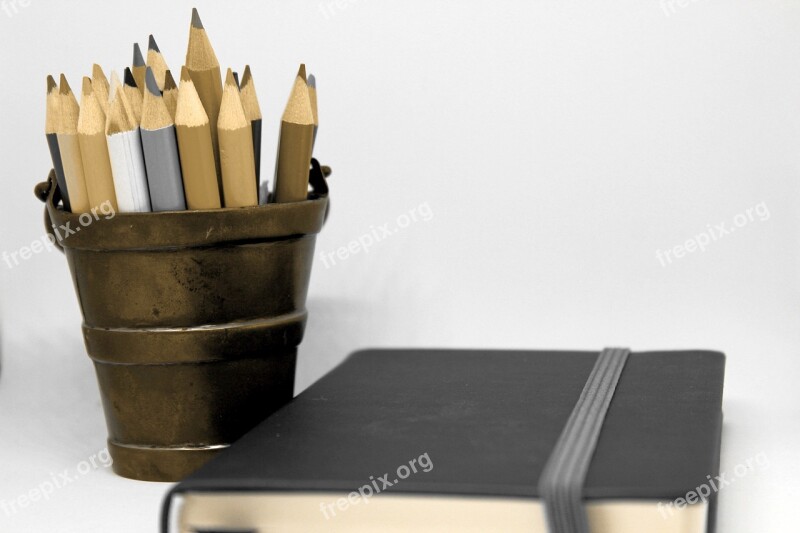 Pencils Notebook Brass Bucket Diary