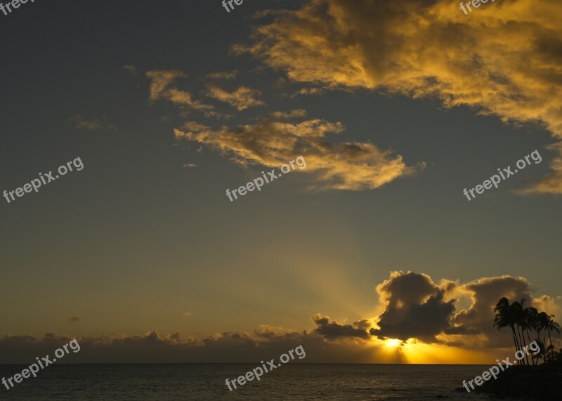 Sunset Fiery Sea Clouds Golden