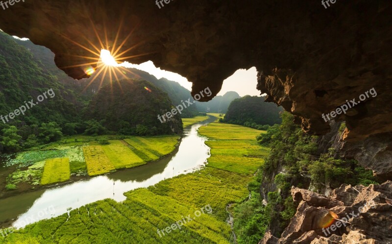 Sunset Water Landscape River Rocks