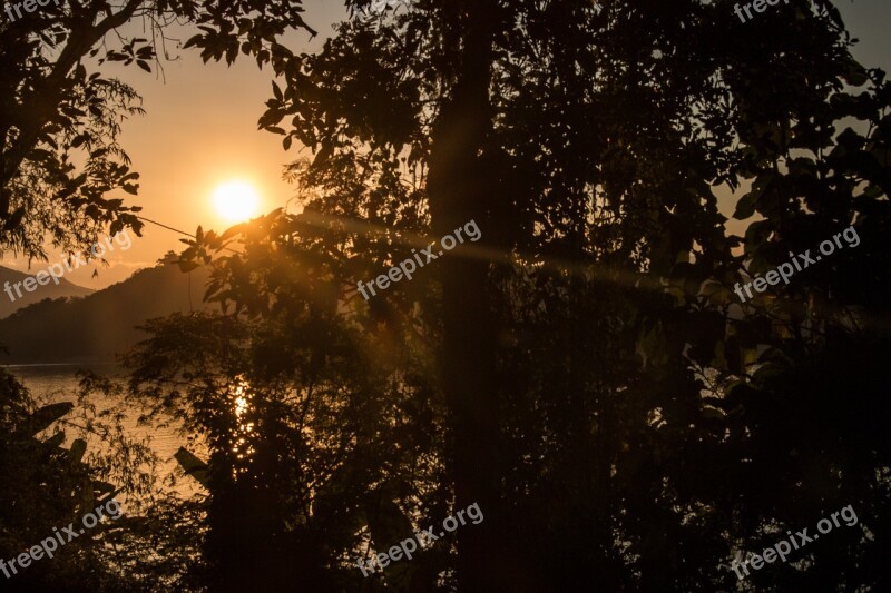 Close Jungle Sunset Evening Mekong River