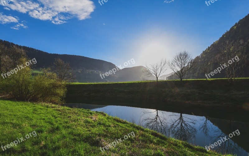 River Calm Reflection Morning Sun