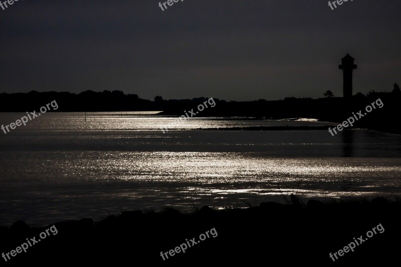 Backlighting Water Landscape Lighthouse Mirroring