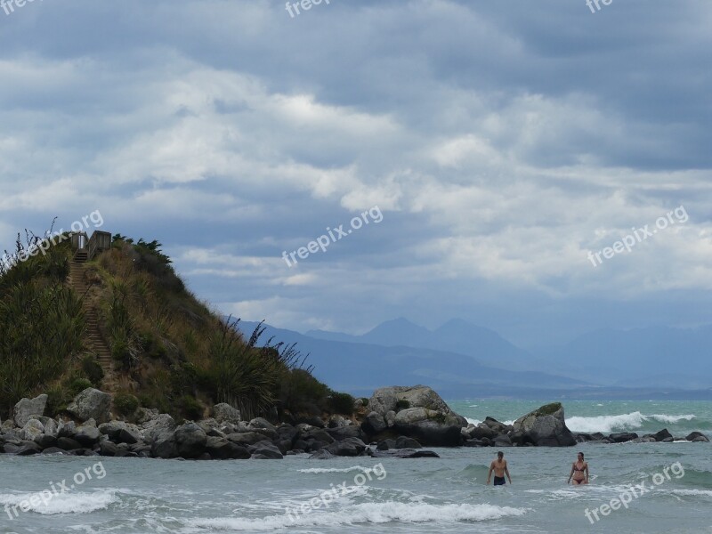 Island Sea Moody Swimmers Mountains