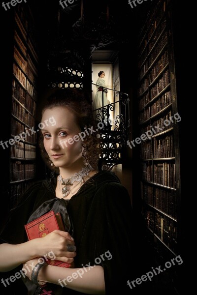 Woman Books Shelf Dark Stairs