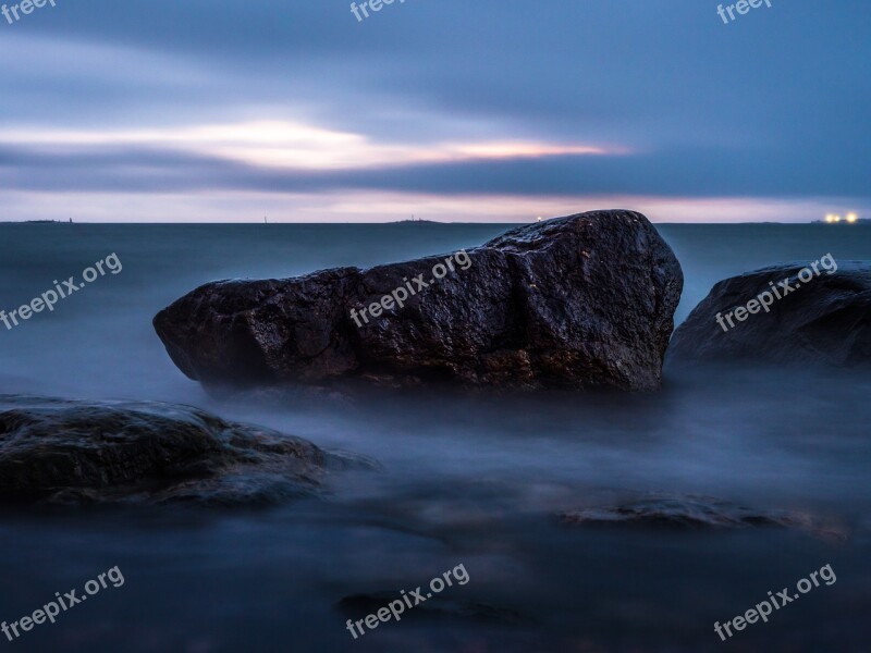 Rock Sea Sunset Winter Sunset Stones