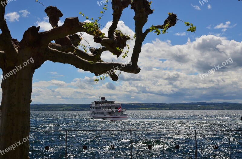 Lake Ship Tree Clouds Sky