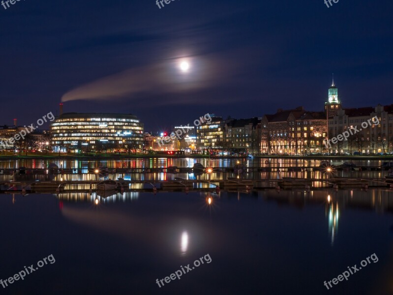 Full Moon Moon Cityscape City Lights Hakaniemi