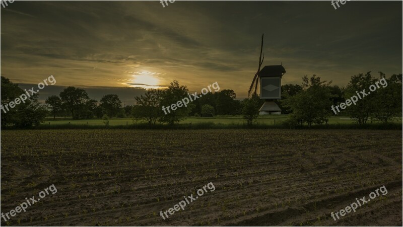 Wind Mill Sunset Landscape Twilight Dutch