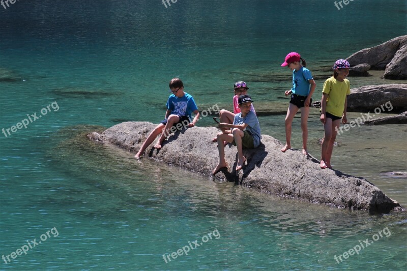 Rocks Alpine Lake Mountain Blue Water