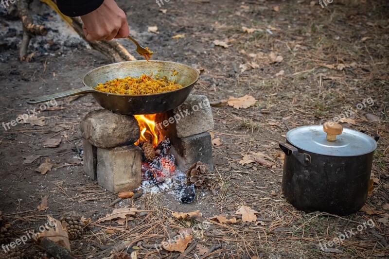 Picnic Bonfire Pilaf Food Frying Pan