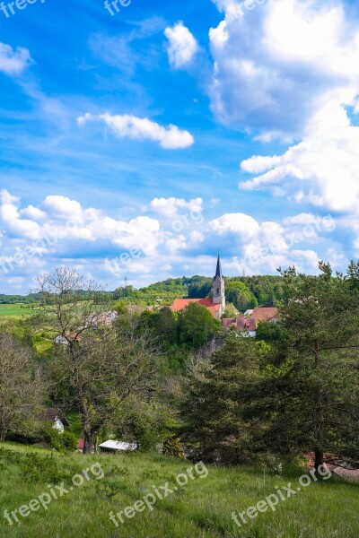 Village Church Steeple Landscape Trees