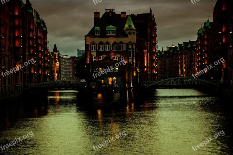 Water Castle Hamburg Speicherstadt Lighting Evening