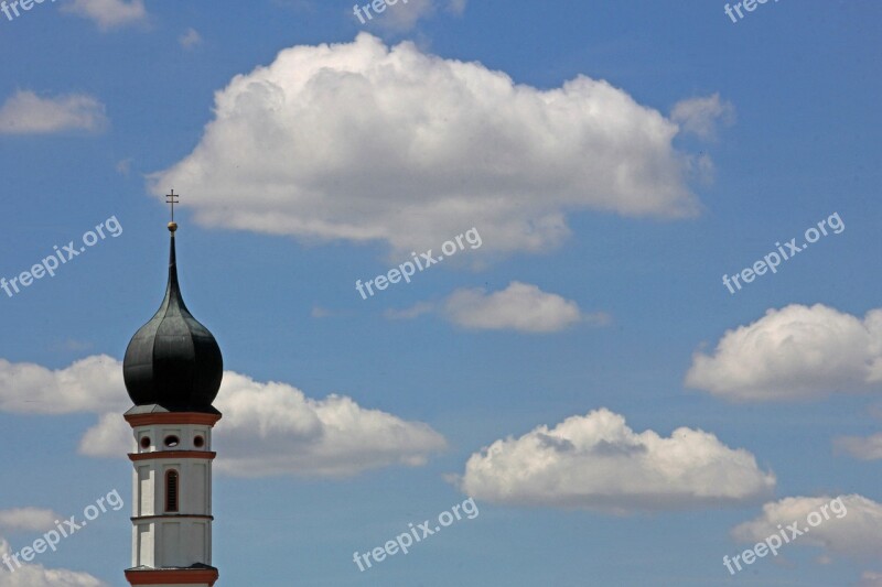 Church Steeple Clouds Sky Bavaria