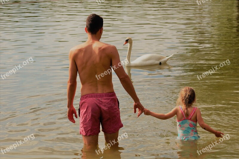 Father Daughter Hand In Hand Lake Swan