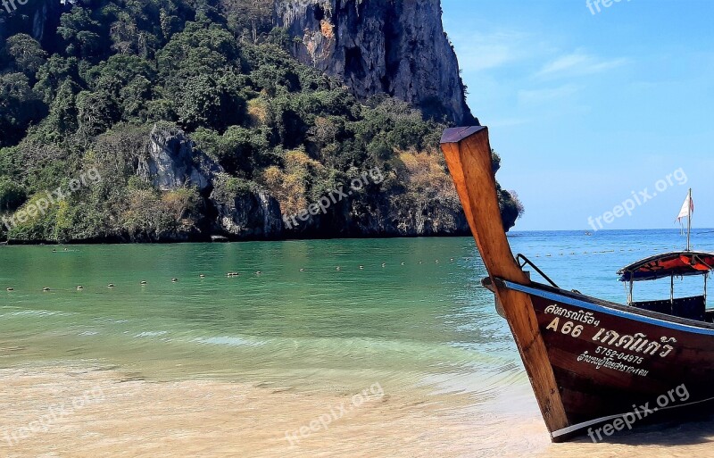 Beach Thailand Krabi Longtail Boat Island