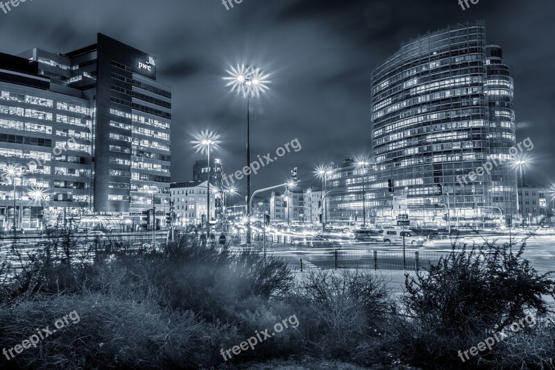 Office Buildings City Night Warsaw Bichromia