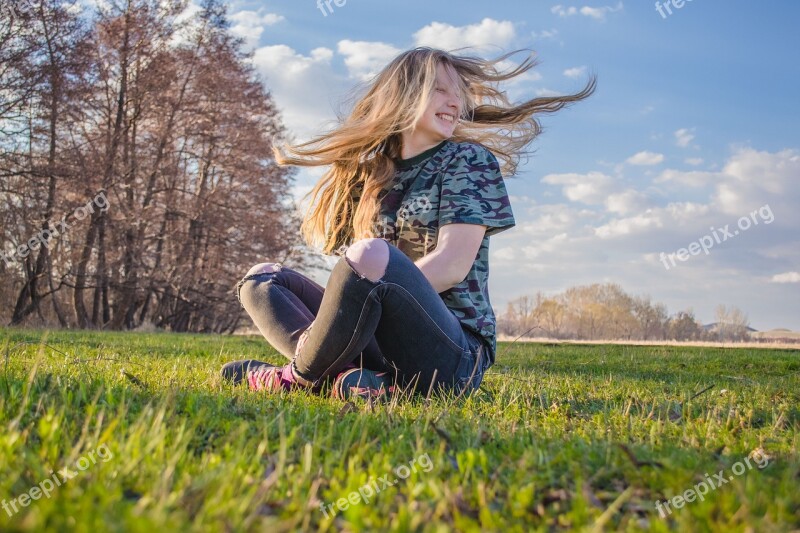 Spring Girl Fantasy Meadow Sky