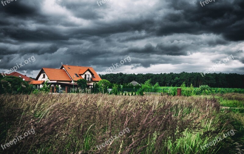 House Cottage Clouds Buildings Storm