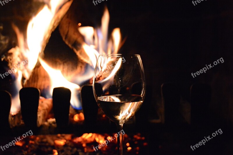 Fire Fireplace Red Wine Glass Romantic