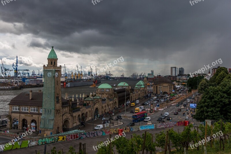 Landungsbrücken Rain Hanseatic Container Platform Port