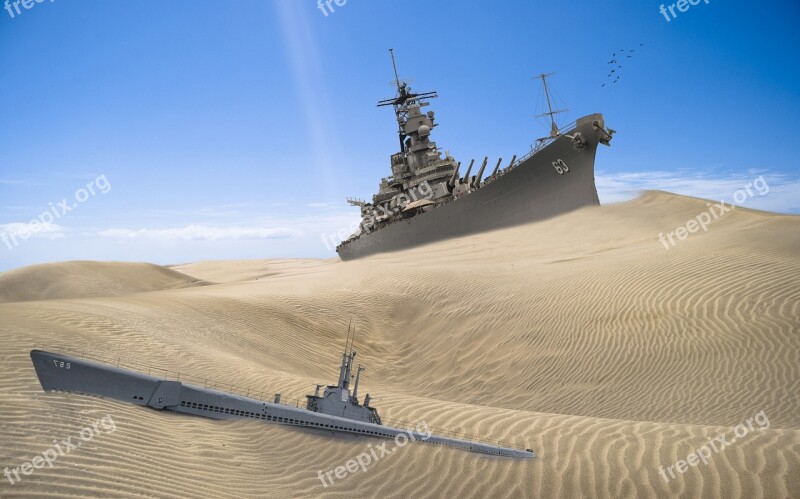 Submarine Ship Of War Desert Boat Fantasy