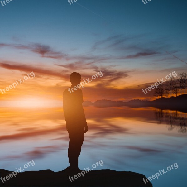 Sunset Reflection Man View Beautiful View