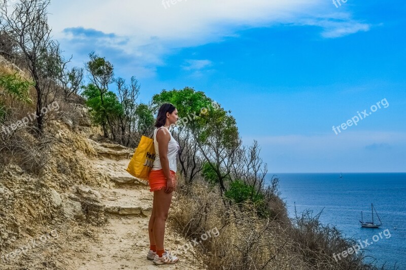 Girl Gazing Sea Path Nature