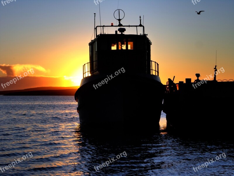 Boat Silhouette Sunset Dock Sea