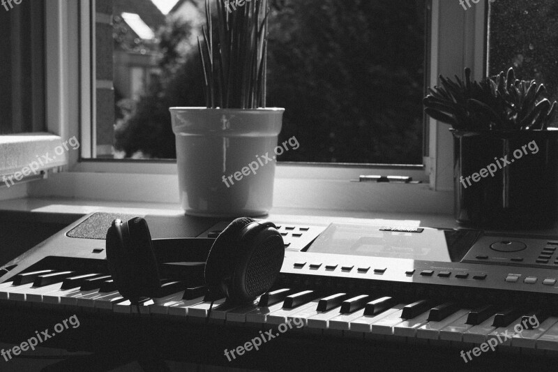 Headphones Keyboard Piano Black And White Music