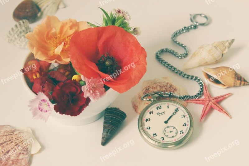 Flowers Still Life Clock Pocket Watch Summer Time