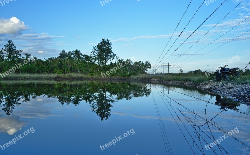 Reflection Barb Wire Fence Lake Trees Atv